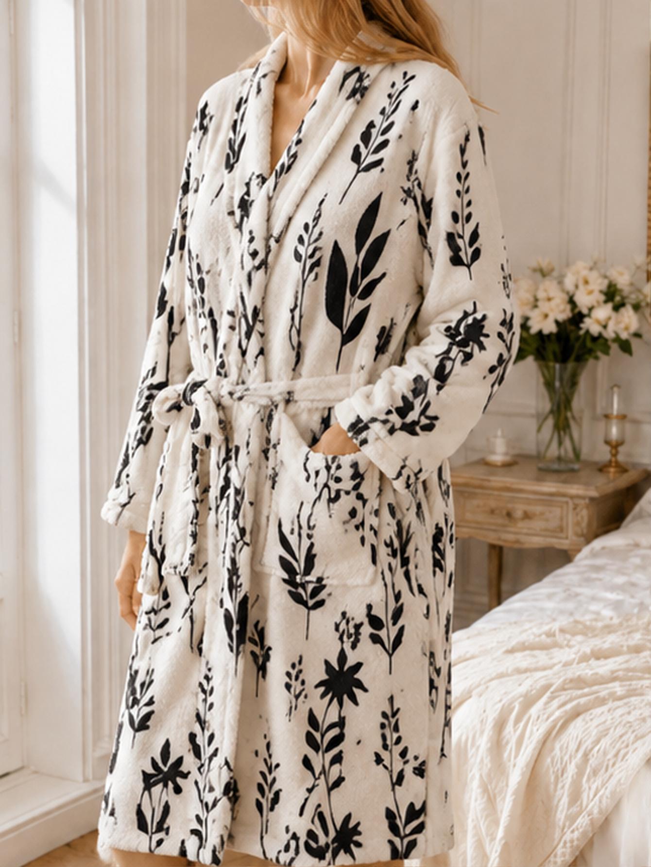 Women Plus Size Black Leaf Bot - Bathrobe ulasan dan harga